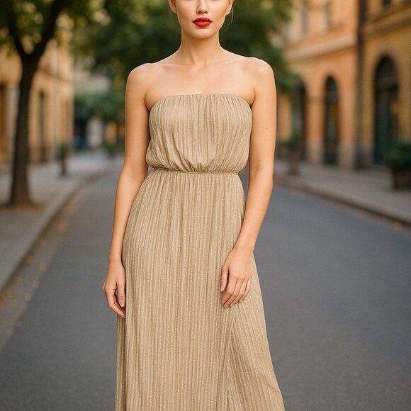 THE LIMITED Champagne Maxi Dress XS Shimmer Tube Top Strapless All Over Pleated - Picture 1 of 16